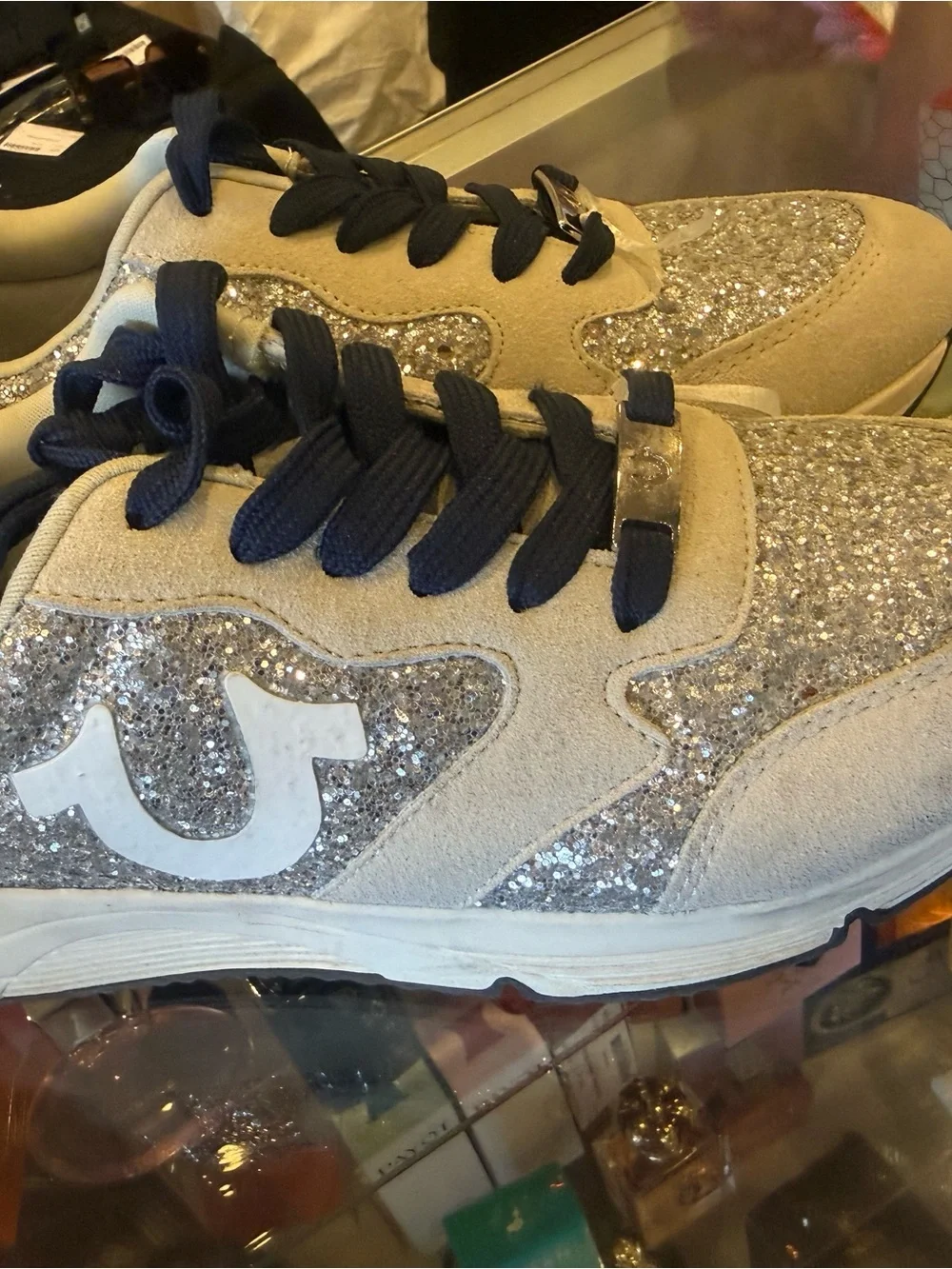 True Religion Silver Glitter and Beige Sneakers with Navy Laces